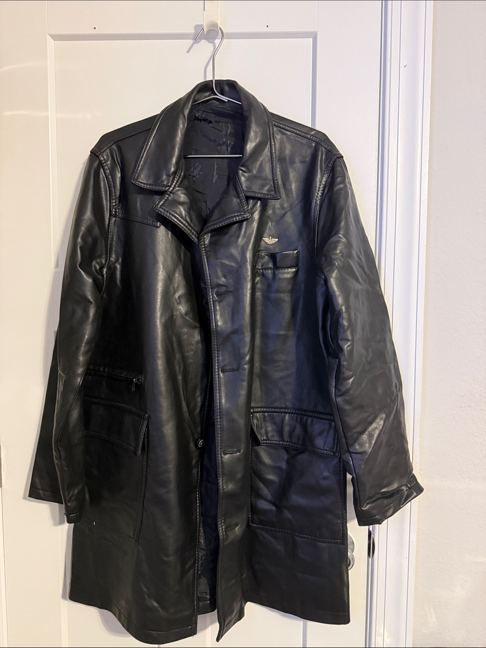 Men's Reportage RGA Black Leather Jacket Coat - Classic Long Trench XL
